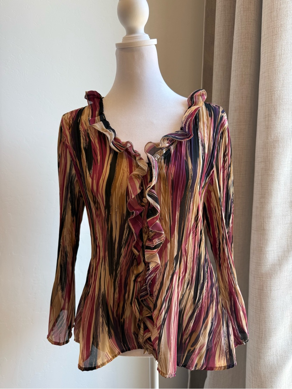 Ann Taylor Ruffled Blouse in Burgundy, Mustard & Black Stripe